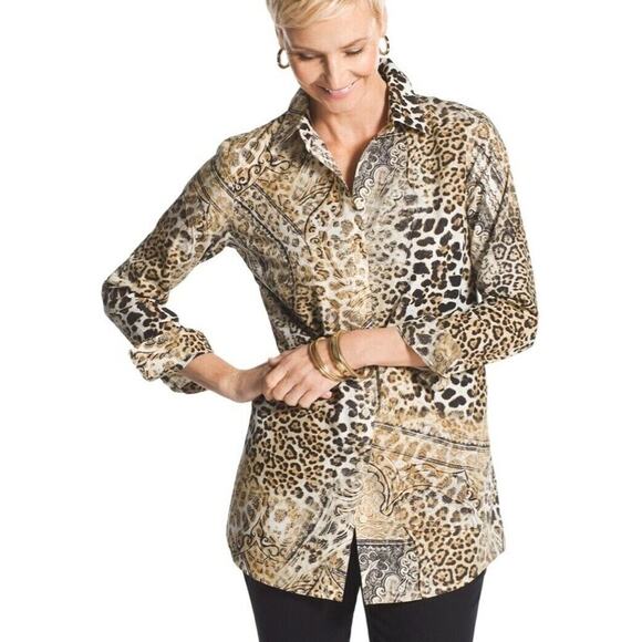 Chico’s Effortless Andie Animal-Print Shirt Button Front Cotton Long Sleeve Medi - Picture 1 of 7